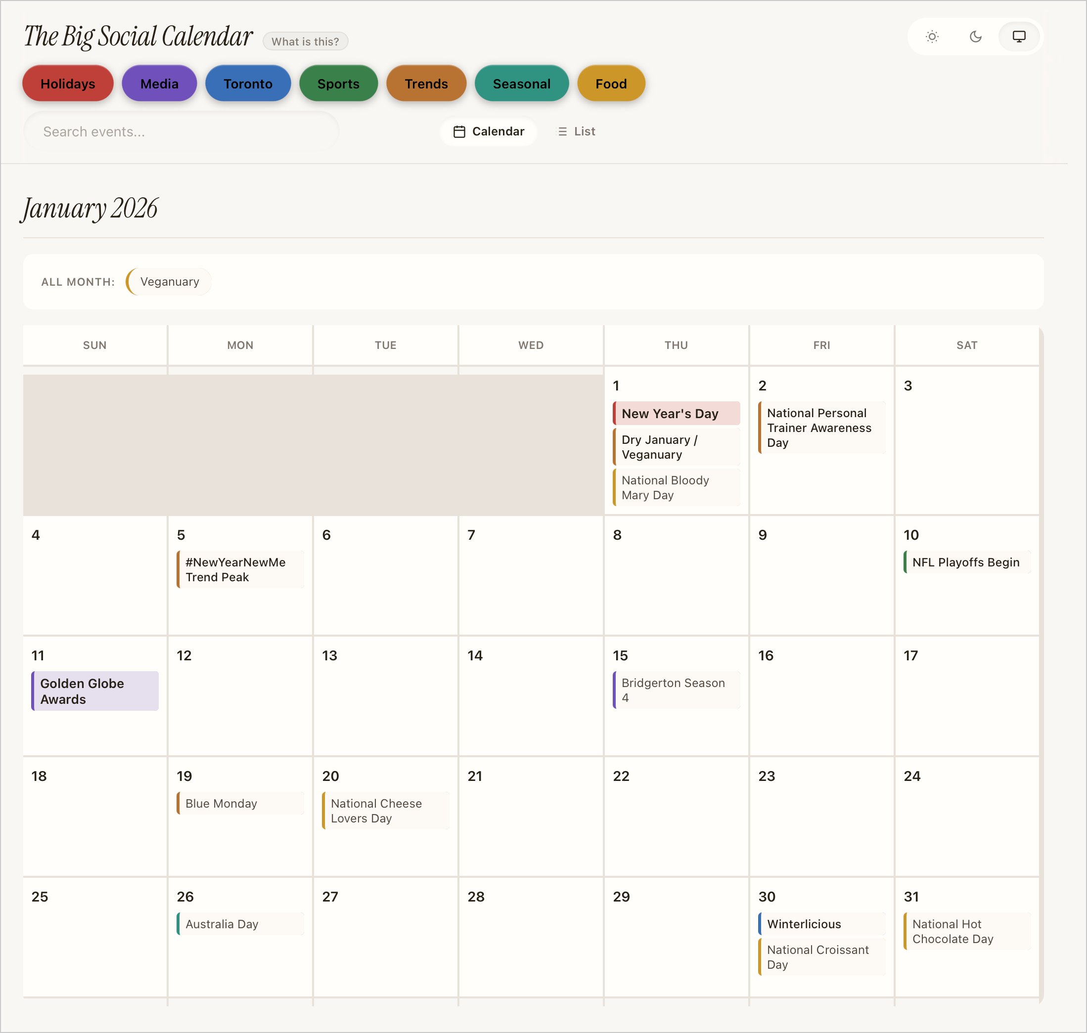 The Big Social Calendar showing January 2026, with content opportunities grouped by category
